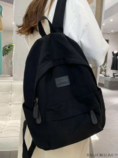 BagForLove - Functional Backpack with Stylish Letter Patch Decoration Designer Black Backpack, Mochila Shein, Black School Backpack, Cute Black Backpack, Black Backpack School, Black School Bags, Backpacks Black, Uni Bag