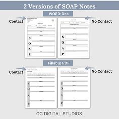 two versions of soap notes with the words, word doc and no contact on them