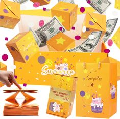 someone is throwing money into an orange gift bag with the words surprise written on it