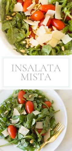 two plates with different types of salads on them and the words insalata mista above it