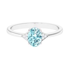 Oval Aquamarine Solitaire Ring with Diamond Accent Aquamarine - ( AAA ) - Quality - Rosec Jewels Aquamarine Solitaire Ring, Oval Shape Ring, Contemporary Elements, Aquamarine Engagement Ring, Ring With Diamond, Aquamarine Ring, 18k Yellow Gold Ring, Aquamarine Rings, Ring Sizer