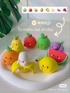 an advertisement for emoj to make out of clay with fruit and vegetables on it