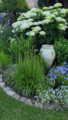 a white vase sitting in the middle of a garden filled with lots of flowers and plants