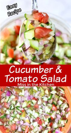 cucumber and tomato salad in a bowl with a spoon over it, next to the recipe title