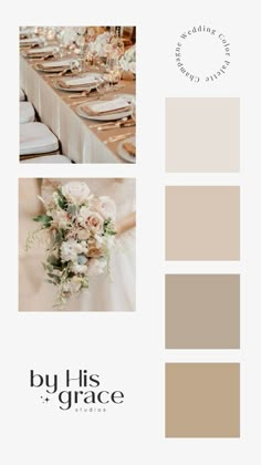 the color scheme for this wedding is beige and white, with flowers on each table