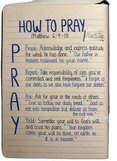 a piece of paper with writing on it that says how to pray written in blue ink