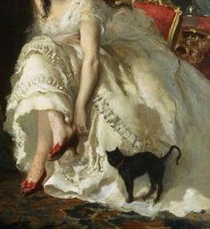 a painting of a woman in a white dress with a black cat