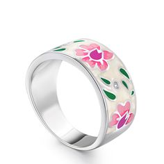 Crafted in sterling silver, this ring is a true masterpiece. It featuring a beautiful combination of soft pink flowers and lush green leaves on a subtle beige background. The intricate details of the flowers and leaves are expertly cut out and filled with vibrant enamel, creating a stunning visual display that is sure to turn heads. It is perfect for both formal and casual occasions.Weight: 5.73 gWidth: 5.4 mmHeight: 1.7 mmThickness: 1 mmMaterial: 925 SilverPlating Color: Silver Pink Spring Anniversary Jewelry, Elegant Formal Sterling Silver Enamel Ring, Pink Enamel Round Ring For Wedding, Pink Round Enamel Ring For Wedding, Pink Round Enamel Wedding Ring, Elegant Floral Print Flower Jewelry, Pink Flower Enamel Ring For Wedding, Flower-shaped Enamel Jewelry For Wedding, Pink Flower Enamel Ring For Gift