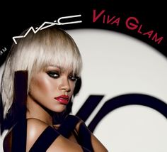 a woman with white hair and black dress posing in front of a sign that says mac glam