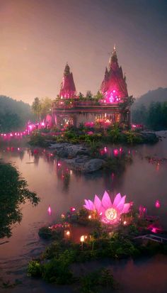 a large pink flower sitting on top of a lush green field next to a lake