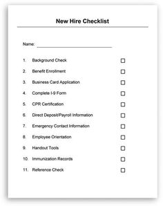 the new hire checklist is shown in black and white, with an empty sheet below it