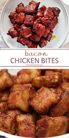 bacon chicken bites on a white plate with the words bacon chicken bites in front of it