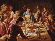 a painting of people sitting around a table eating turkey