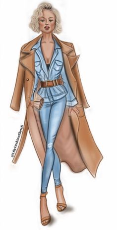 a drawing of a woman in blue jeans and trench coat with her hand on her hip