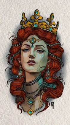 a drawing of a woman with red hair wearing a tiara and jewels on her head