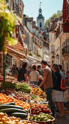 people shopping at an outdoor market with lots of fresh fruits and vegetables on display in baskets