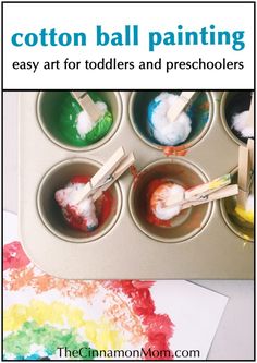 an image of children's art and preschool crafts with cotton ball paintings on the tray