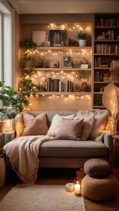 a living room filled with furniture and lots of lights on the wall above it's bookshelf