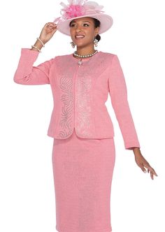 Elite Champagne 5969 2 piece Knit Skirt Suit Colors: Green, Pink Sizes: 8, 10, 12, 14, 16, 18, 20, 22, 24, 26 MATCHING HAT AVAILABLE Peplum Designs, Women Church Suits, Refined Fashion, Church Suits, Pink Tweed, Tweed Fabric, Style And Grace, Knee Length Skirt, Knit Skirt