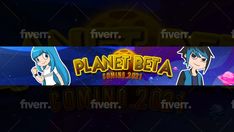 the logo for planet beta featuring two cartoon characters, one with blue hair and another with