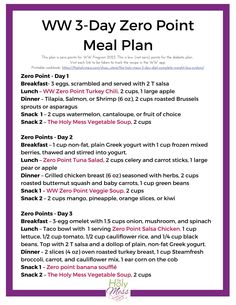 a menu with the words w3 - day zero points meal plan written in purple