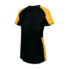 a women's black and yellow t - shirt with short sleeves on the front