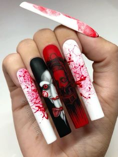 #arylic #arylicnails #nailart #nailsofinstagram #nails #rednails #halloweennails #jigsaw Slasher Nails, October Nails, Dope Nail Designs, Long Acrylic Nails Coffin