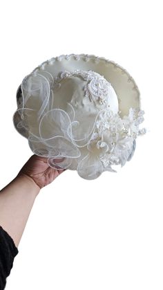 Beautiful,  unique  bridal Victorian style wedding hat, white,  vintage, beaded, country western Satin,  Tulle Adjustable Lace Wedding Bonnet, Wedding Costume Hats And Headpieces With Handmade Flowers, Fitted Wedding Hat With Round Crown, White High Crown Fascinator For Wedding, Fitted Round Crown Wedding Hat, White Cloche Mini Hat For Wedding, White Adjustable Wedding Bonnet, Adjustable Curved Brim Costume Hat For Wedding, White Adjustable Bonnet For Wedding