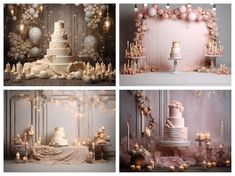 four different shots of a wedding cake and dessert table with candles in the middle, surrounded by balloons and garlands