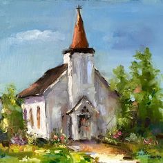 an oil painting of a church in the country