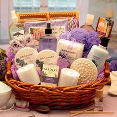 a basket filled with lots of different types of soaps and body care products in it