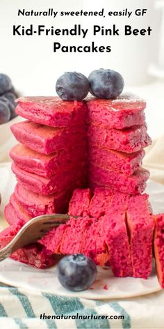 blueberry pancakes stacked on top of each other with the words naturally sweetened, easily gf kid - friendly pink best pancakes