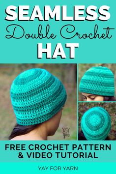 the free crochet beanie hat pattern is shown with instructions to make it