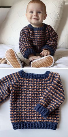 a baby sitting on top of a bed next to an image of a knitted sweater