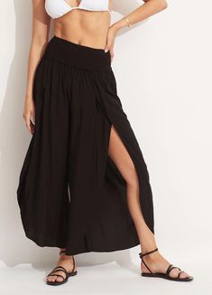 Shirred Waist Wrap Pant - Black – Seafolly US Beach Basics, Wide Strap Dress, Wrap Pant, Bar Dress, Wrap Pants, S 10, Cool Fabric, Bra Tops, Workout Pants