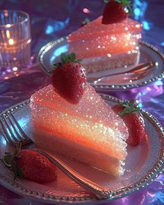 two slices of cake with strawberries on top