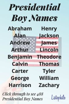 the presidential boy names are shown in this poster