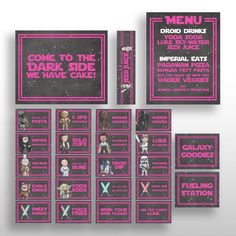 the star wars menu is shown in pink and black