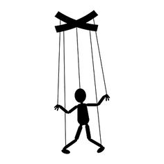 a black and white image of a person suspended on strings with two arms extended out