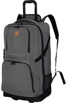 a large gray backpack with wheels and handles