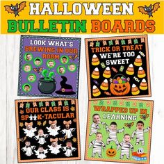 three halloween bulletin boards with pictures of children in costumes