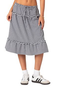 Romantic ruffles and a gingham pattern bring all the sweetness to a tiered midi skirt topped with an adjustable drawstring waistband. 45% polyester, 45% rayon, 10% spandex Machine wash, dry flat Imported Ruffle Midi Skirt, Skirt Tiered, Flannel Sweatshirt, Tiered Midi Skirt, Cute Crop Top, Summer Getaway, Gingham Pattern, Open Knit Sweater, Cute Crop Tops