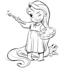 a drawing of a girl holding a paintbrush next to a small dog on the ground