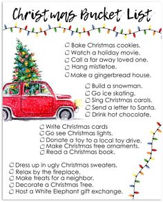 a christmas bucket list with a red car