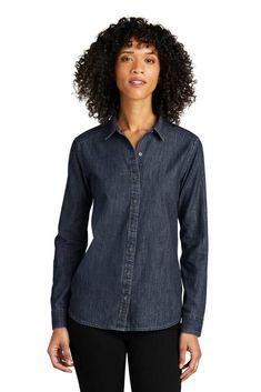 Port Authority ® Ladies Long Sleeve Perfect Denim Shirt - DARK WASH - XS | Port Authority Women's Long Sleeve Perfect Denim Shirt in Dark Wash Size XS | Cotton Long Sleeve Dress Shirts, Knit Shirt Dress, Perfect Denim, Women's Button Down Shirt, Shirts Long Sleeve, Port Authority, Twill Shirt, Loose Blouse, Long Sleeve Shirt Dress