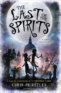 the book cover for the last of the spirits, featuring two children in front of a full moon