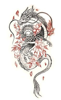 a drawing of a dragon with flowers on it