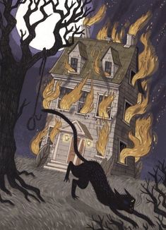 a house on fire with flames coming out of it and a cat in the foreground