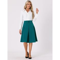 In the classic and basic design, a solid casual work skirt is versatile with any top and shoes. Flowy and breathable material, easily shows your body curve and elongates your legs. The pleated design and midi length give you a lovely and playful look. Suit for summer/autumn/spring and many occasions, such as Work, Office, Casual, Coffee Shop, Daily, Date, Business, Formal, Weekend, etc. Work Skirt, Midi Skirt With Pockets, Button Decor, Midi Flare Skirt, Work Skirts, Basic Design, Business Formal, Casual Office, Midi Skirts