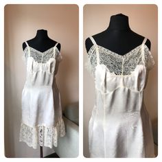 This is an amazing and rare 1940 slip dress or nightgown.  Costume made, ivory silk satin with a beautiful beige lace.  At the end of the dress, between the fabric and the lace, there is a golden zigzag stitch. Despite his age is in good vintage condition. Small holes are visible in the lace and the satin is a little "broken". Recommended size: S/M Measures:  Pit to pit: 92 cm Bust: 98 cm Waist: 85 cm Hips: 108 cm Height: 81 cm If you have any questions please feel free to contact me. Internatio Lace Slip Dress, Women's Nightgowns, Ivory Silk, Pajama Robe, Lace Slip, Silk Satin, Night Gown, Favorite Outfit, The Dress